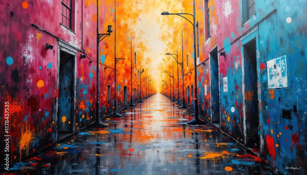 Poster abstract urban alleyway painting. colorful buildings with graffiti style elements. dynamic compositi