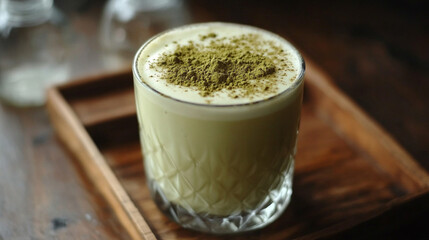 A glass of milk with green powder on top