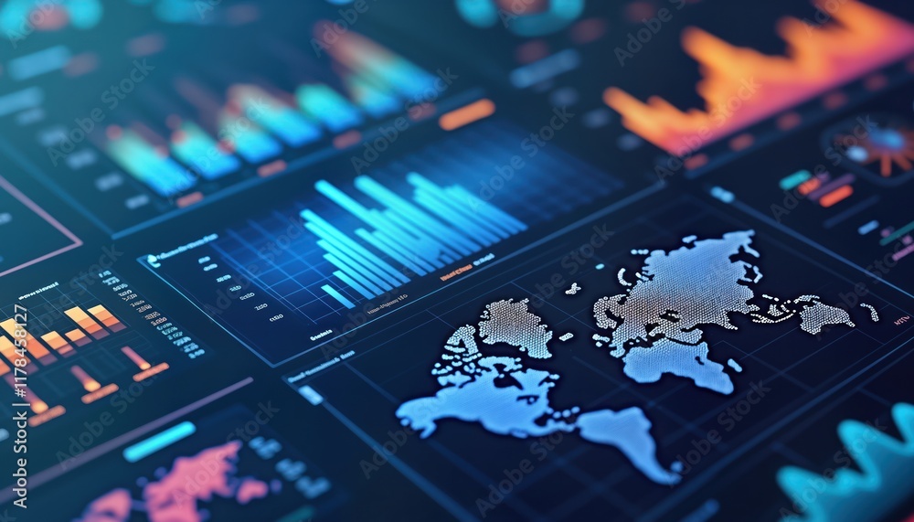 Aufkleber Interactive digital dashboard displays key performance indicators for global business. Charts, graphs visualize sales data, business results worldwide. Global map highlights regions with performance