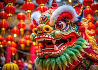 Obraz premium Chinese Lion Head, New Year Ceremony, Red Lantern Background, Festive Photo