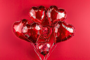Valentine's Day concept with heart-shaped balloons and a gift box on a red background, flat lay top view, copy space for text banner, greeting card design, banner