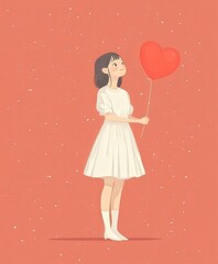 A joyful girl clutches a vibrant red balloon alongside a whimsical heart-shaped balloon, embodying the spirit of love on Valentine's Day.
