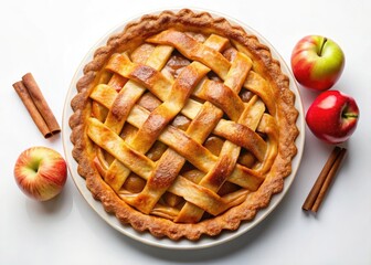 A delectable homemade apple pie, showcasing its flaky crust and sweet filling.  Autumn baking at its finest, captured in a top-down shot.