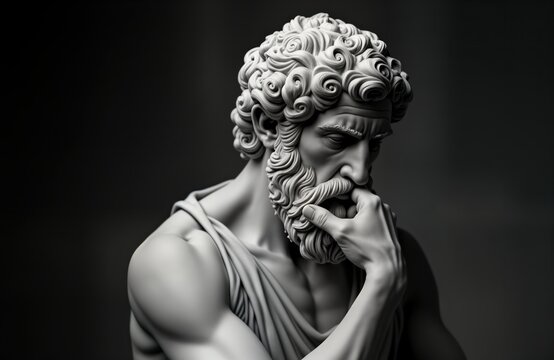 Digital portrait shows ancient Greek philosopher deep in thought. Stoic figure with thoughtful expression. Minimalist style emphasizes contrast between light, shadow. Classic aesthetic evokes