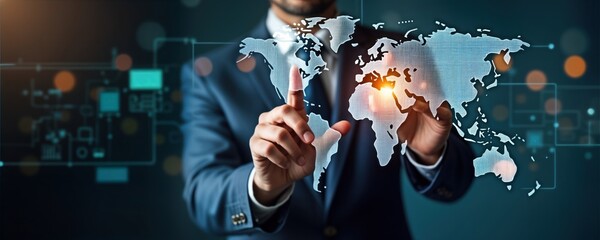 Businessman interacts with global network tech. Global business strategy concept visualized. Man touches digital world map. Tech icons displayed on background. Modern business idea. Future global