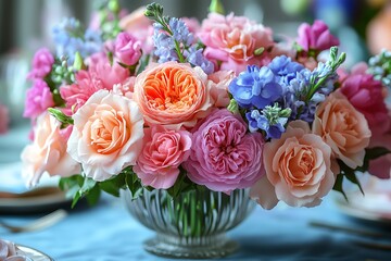Beautiful Pastel Roses and Flowers in a Glass Vase
