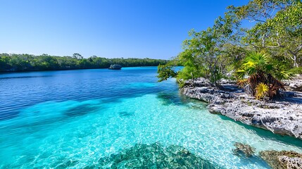 Clear turquoise water lagoon, tropical vegetation, rocky shore, sunny day.