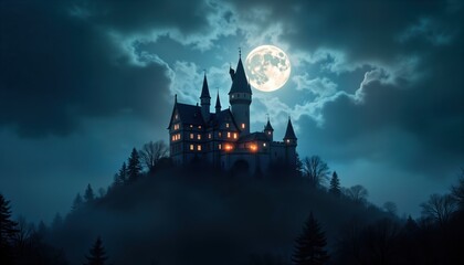 Mysterious castle sits atop hill under dramatic night sky. Moonlight illuminates ancient architecture with towers. Foggy wilderness landscape. Enchanting and eerie beauty. Fantasy and legend themes.