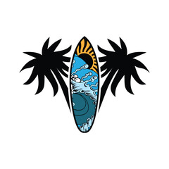 Surf Board wave design.surfing beach logo vintage vector illustration template icon design.