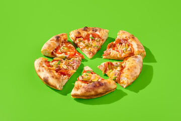 American pizza with salami, pepperoni, and jalapeno peppers on a vibrant green background, featuring hard shadows in a minimalist style. Sliced into 6 pieces, side view, perfect for a casual meal