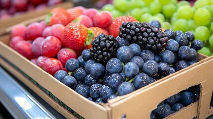 Close-up of a cardboard box filled with various fresh berries and grapes including strawberries, blackberries, red grapes, and green grapes.