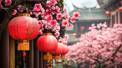 Fototapeta premium Charming Asian Lanterns and Blossoms