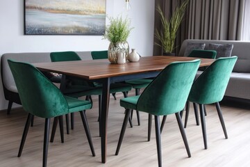 Obraz premium Modern dining room with wooden table and emerald green velvet chairs.