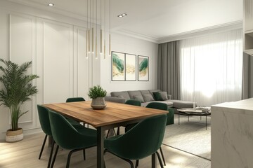 Fototapeta premium Modern dining room with wooden table and green velvet chairs, open plan living area.