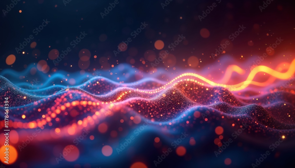 Aufkleber Abstract glowing lines on dark background suggest optical data transmission. Vivid colors show data flow. Fiber optic tech enables high speed information transfer. Digital age tech creates complex