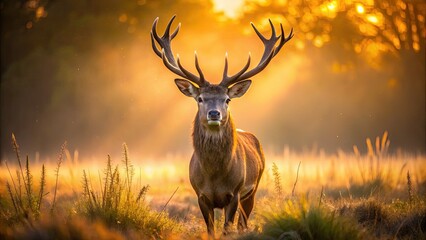Autumn's golden light illuminates a majestic red deer, bokeh effect.
