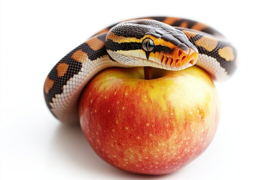 A Colorful Ball Python Wrapped Around a Fresh Red Apple on a Bright White Background for Striking Visual Contrast and Unique Nature Composition
