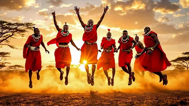 Joyful Maasai Men Dance and Leap at Sunset in the African Savanna