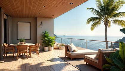 Luxury resort patio with ocean view. Outdoor living area with dining table, lounge furniture. Tranquil tropical atmosphere with palm trees. Relaxing vacation destination design. Stylish contemporary