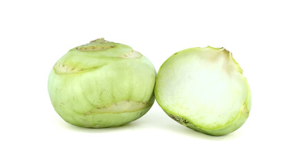 Fresh Green Kohlrabi Whole and Cut on White Background