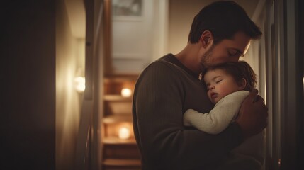 A tender moment between a father and his sleeping child, illuminated by soft lighting in a cozy home setting.