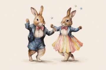 Obraz premium Rabbit couple characters dancing drawing animal mammal.