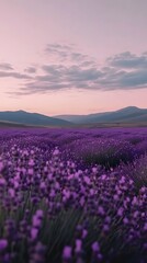 Obraz premium A serene lavender field under the twilight sky, with rows of purple flowers stretching to the horizon. captures the tranquility and beauty of nature