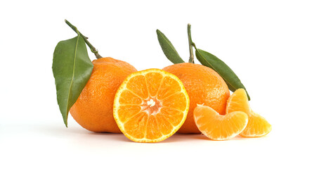 Fresh Whole Mandarins with Leaves and Peeled Segments on White Background