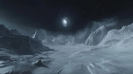 Moonlit Arctic Landscape Frozen peaks under night sky, digital art