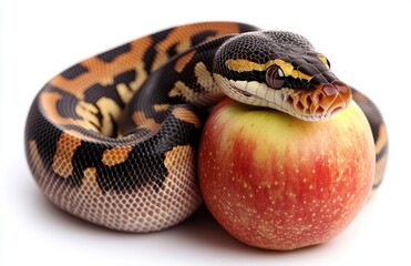 Obraz premium Captivating Close-Up of a Beautiful Python Snake Coiled Around a Fresh, Juicy Red Apple, Emphasizing Nature's Intriguing Contrast and Vibrant Colors