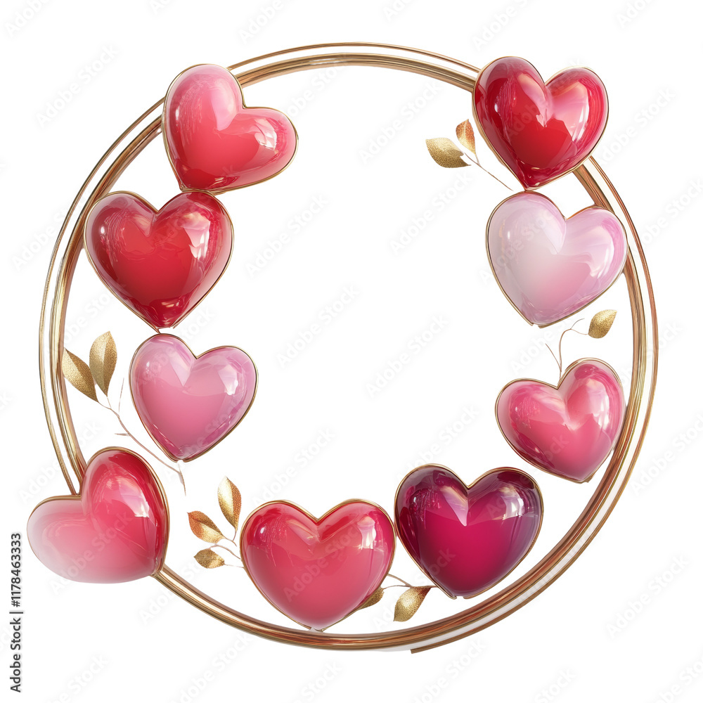 Poster a circular golden frame encircles multiple glossy hearts in varying shades of pink and red, adorned 