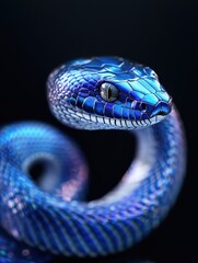Obraz premium Captivating Close-Up of a Blue-Textured Snake Displaying Iridescent Scales Against a Dark Background, Highlighting Its Intricate Patterns and Unique Features