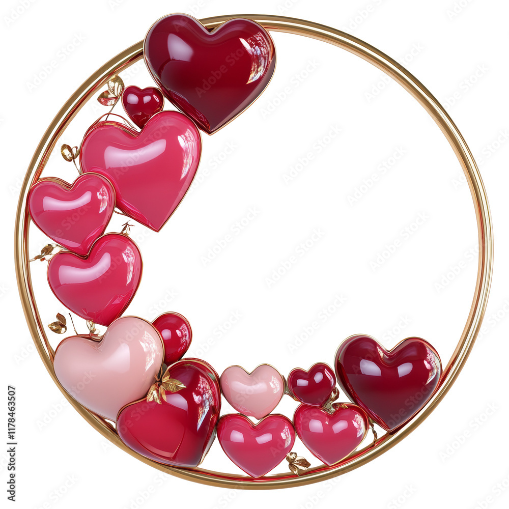 Poster a gold circular frame adorned with various shades of red and pink heart shapes, creating a valentine