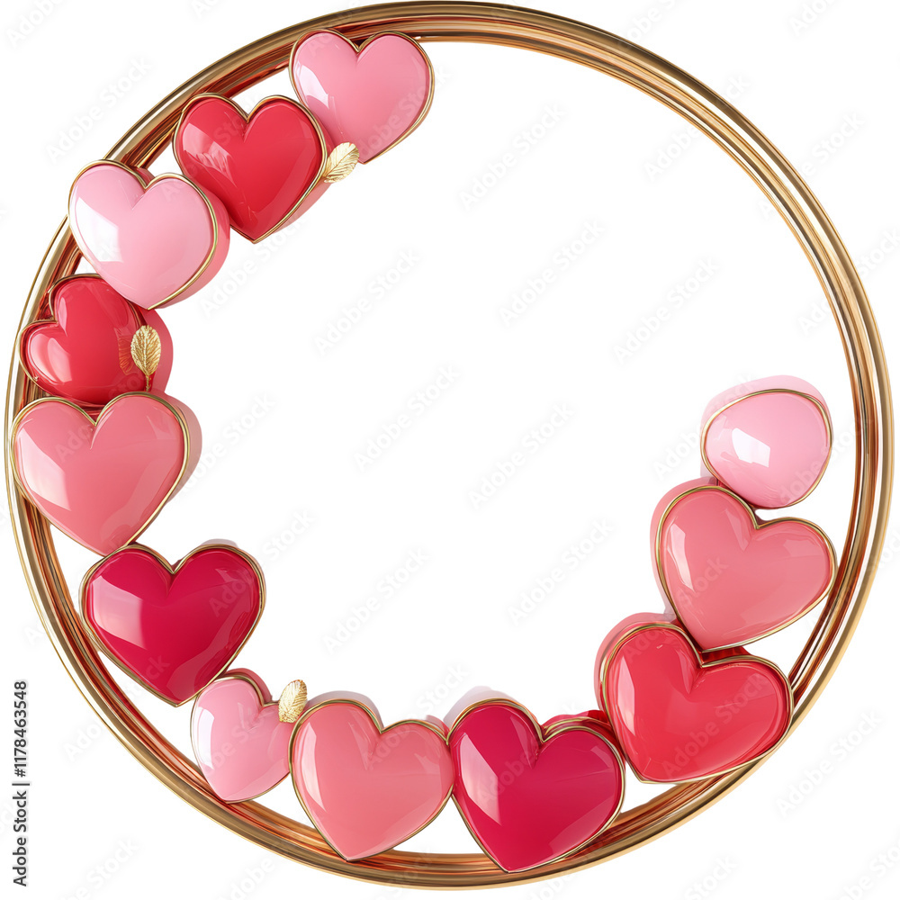 Poster a golden circular frame is decorated with shiny pink and red hearts of varying shades, creating a ro