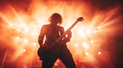Silhouette of a guitarist performing on stage with dramatic lighting and a vibrant backdrop of orange and yellow hues.