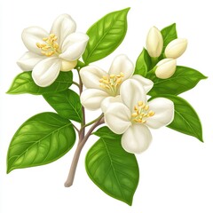 Obraz premium Close-up of Delicate White Blossoms and Lush Green Leaves: A Botanical Illustration