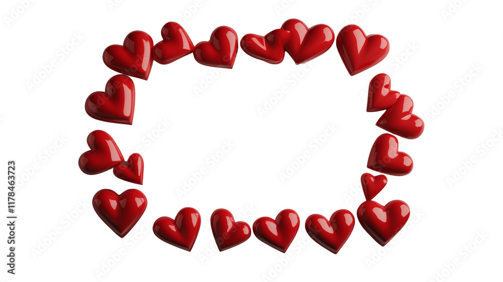 Aufkleber A collection of glossy red hearts arranged in a frame shape on a black background creating a romantic setting.