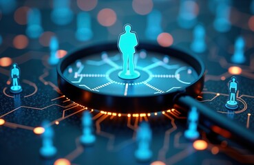 Magnifying glass focuses on manager figure surrounded by diverse staff figures. HR concept shows recruitment process, leadership in company. Modern tech enhances diversity in human resources. Image