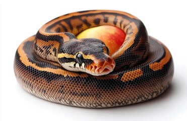 Obraz premium Captivating Python Snake Coiled Around Fresh Red Apple, Showcasing Striking Patterns and Unique Textures on a Vibrant White Background