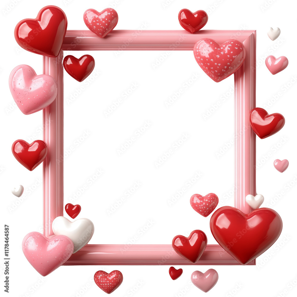 Poster a pink frame is decorated with numerous glossy red and pink hearts of varying sizes, creating a roma