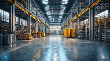 Obraz premium Vast industrial warehouse interior, showing materials and equipment. Perfect for illustrating manufacturing, logistics, or storage concepts.