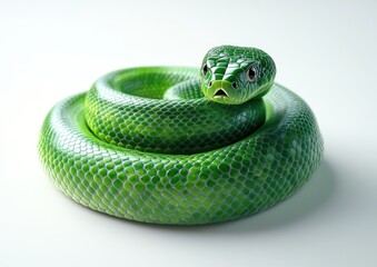 Obraz premium Close-Up Image of a Vibrant Green Snake Coiled in a Natural Pose, Highlighting Scale Texture and Intricate Details on a White Background
