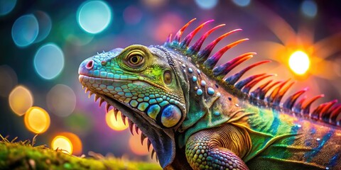 Obraz premium Colorful Iguana with Spiky Hair & Long Tail - Bokeh AI Art