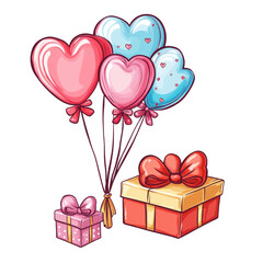 An illustration of heart-shaped balloons and gifts, suggesting a romantic or celebratory occasion.