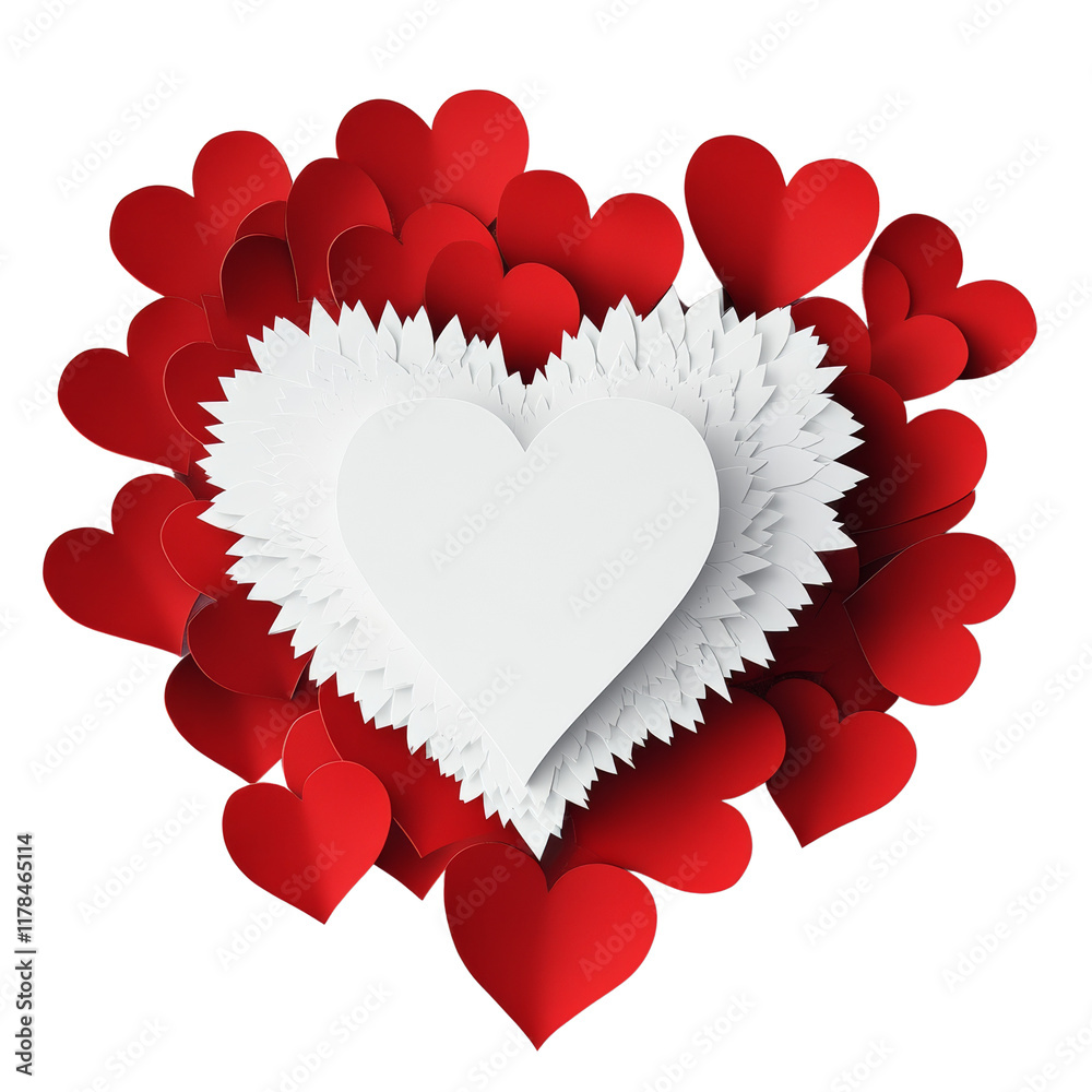 Poster a large white paper heart is surrounded by numerous smaller red paper hearts creating a visually app