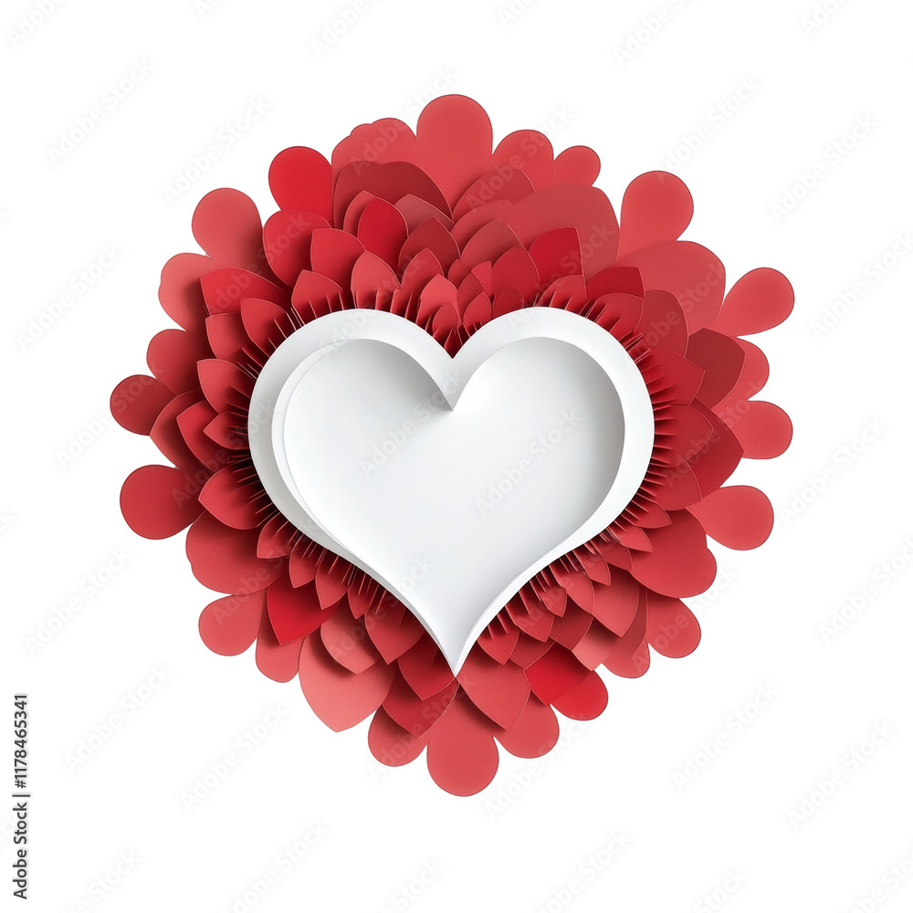 Poster a white heart shape is created using layered red paper hearts on a white background.