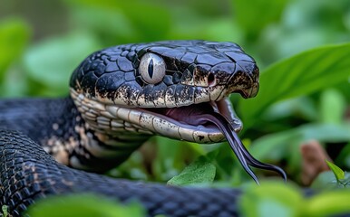 Fototapeta premium Close-Up of a Black Snake in Natural Habitat, Showcasing Intricate Scales and Lively Tongue Flick, Surrounded by Lush Greenery and Nature's Beauty