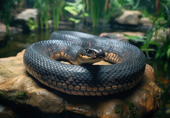 Obraz premium Close-Up of a Coiled Black Snake Resting on a Rock Surrounded by Lush Greenery in a Serene Natural Habitat Environment with Soft Lighting