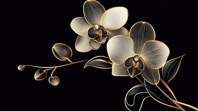 recommend clip art: Elegant gold line art orchids on black background. (2)