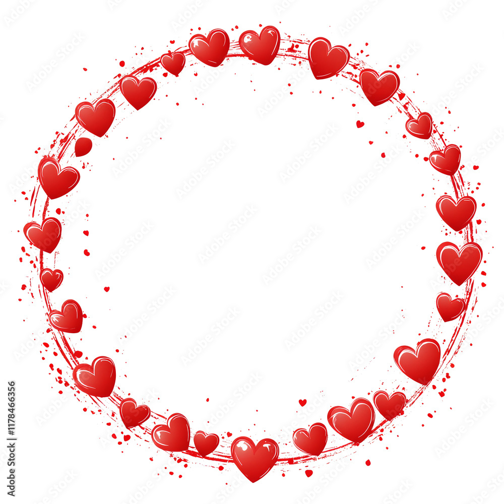 Poster a circular frame composed of red hearts and paint splatters on a white background ideal for valentin